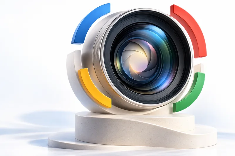 Original editorial illustration of a camera lens surrounded by four colored arcs